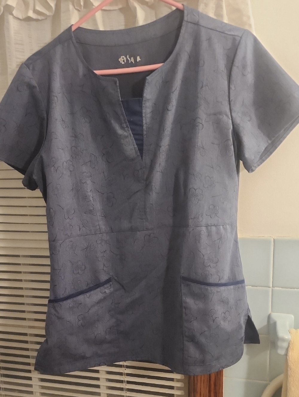 Blue Floral-Texture V-Neck Scrub Top